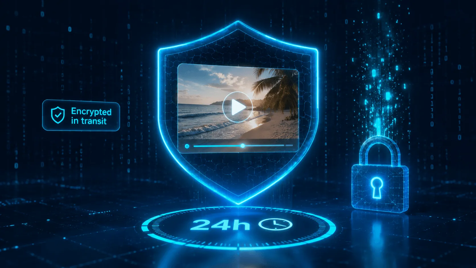Visualización de seguridad con un archivo de vídeo tras un candado brillante y un indicador de disponibilidad de 30 días